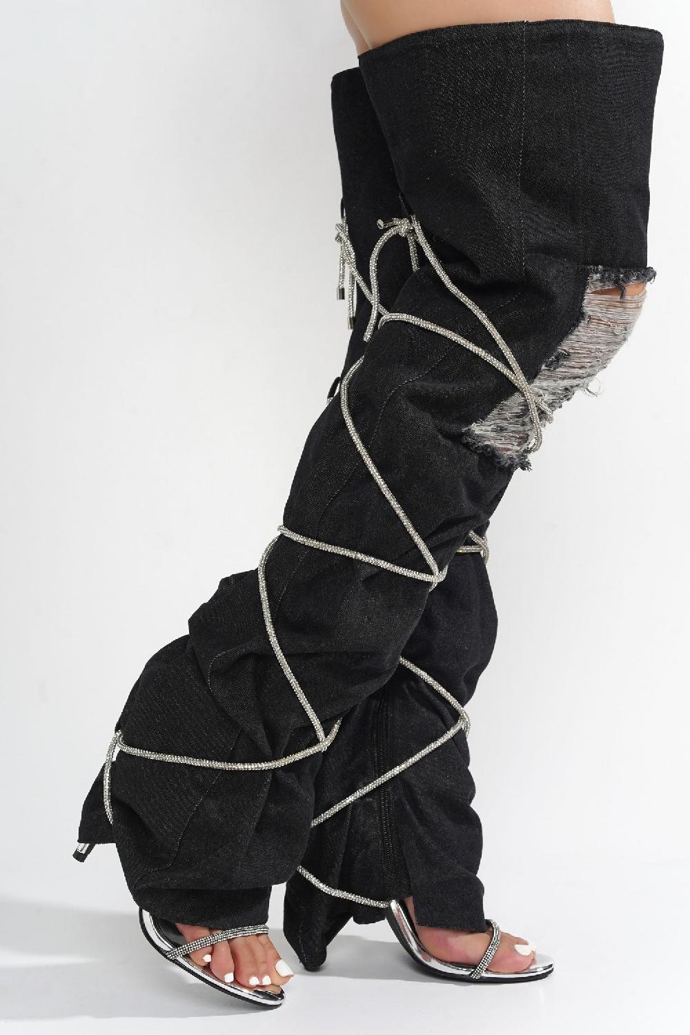Cape Robbin Nobu Rhinestone Thigh-High Denim Booties - Black