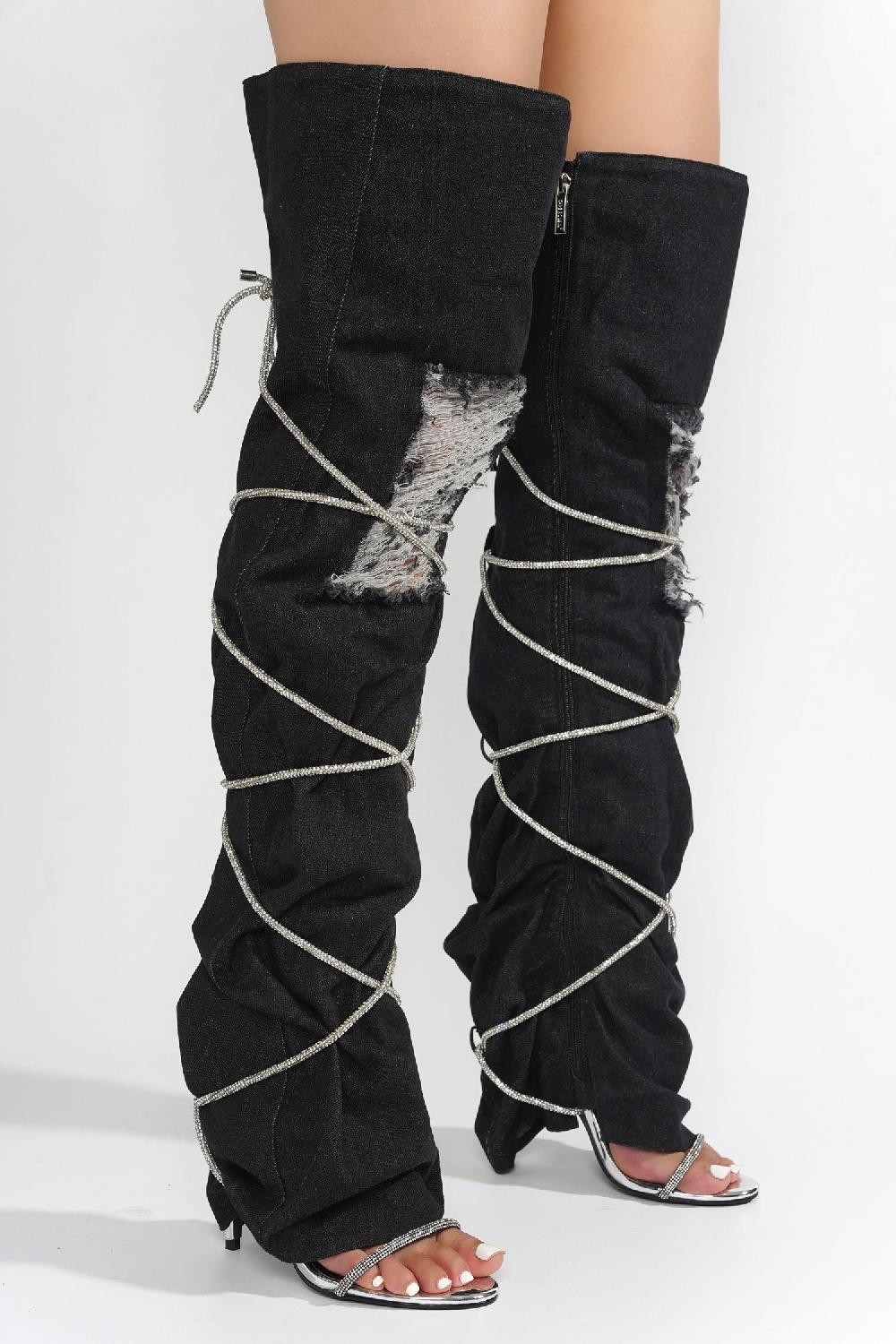 Cape Robbin Nobu Rhinestone Thigh-High Denim Booties - Black