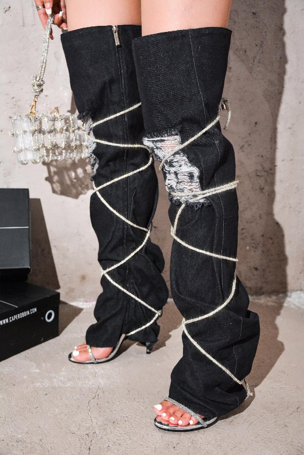 cape robbin Nobu Rhinestone Thigh-High Denim Booties - Black