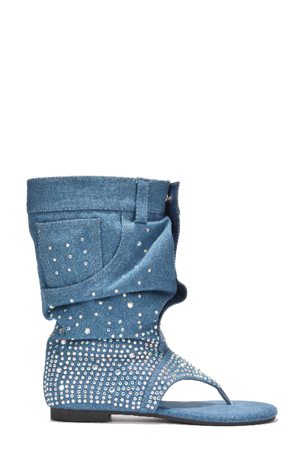 Cape Robbin Plexi Round Toe Denim Rhinestone Flat Booties
