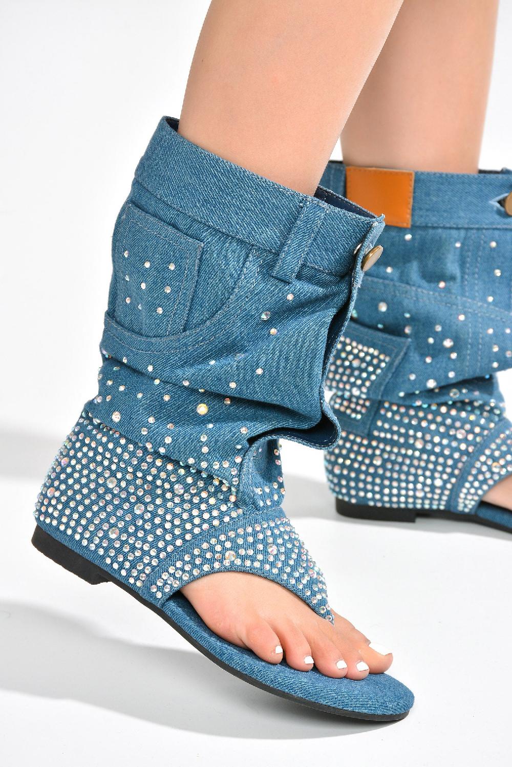 Cape Robbin Plexi Round Toe Denim Rhinestone Flat Booties