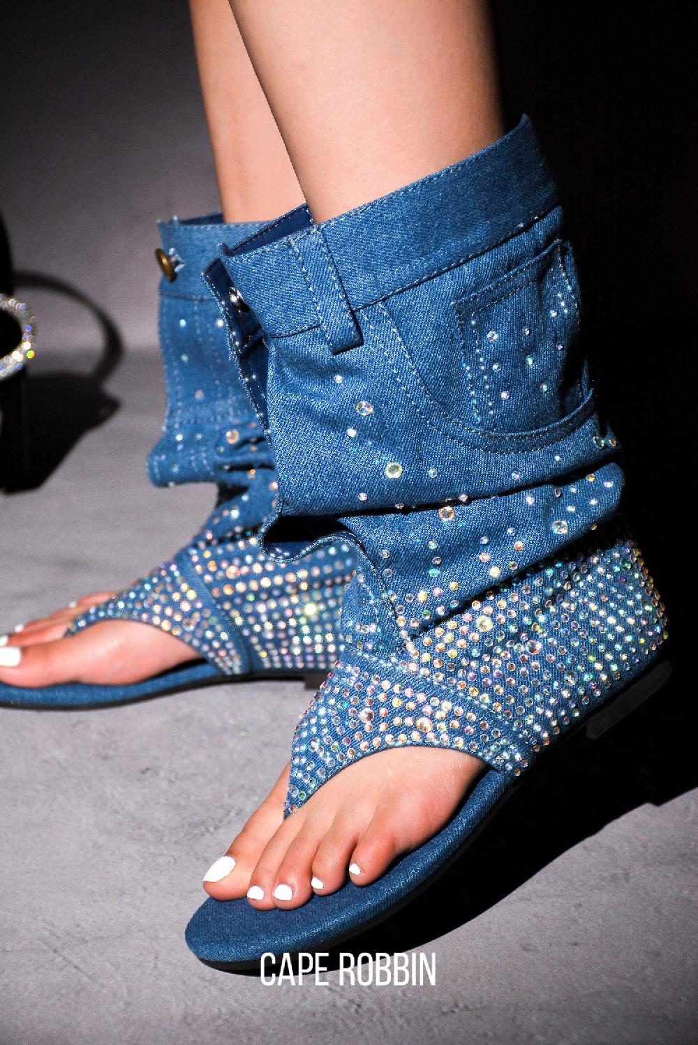 cape robbin Plexi Round Toe Denim Rhinestone Flat Booties