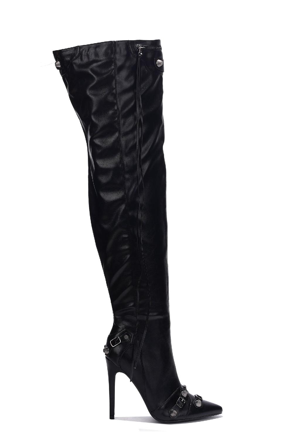 Cape Robbin Pofin-2 Metallic Thigh High Pointy Toe Boots - Black