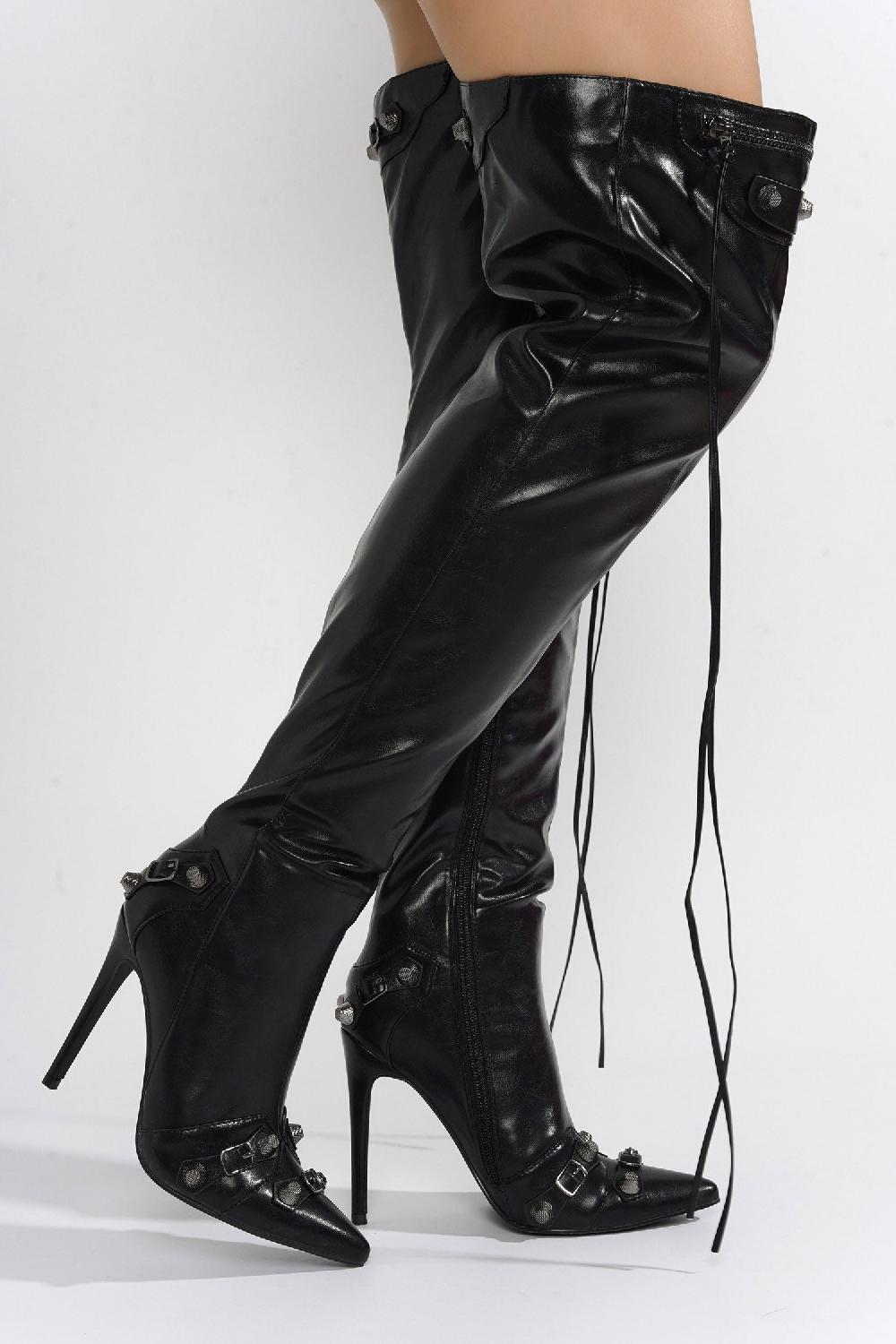 Cape Robbin Pofin-2 Metallic Thigh High Pointy Toe Boots - Black
