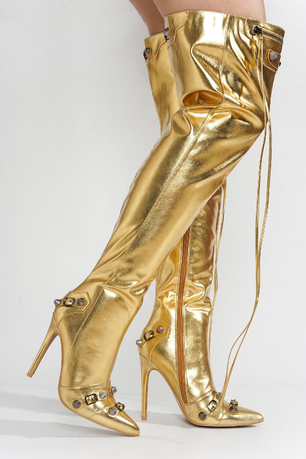 Cape Robbin Pofin-2 Metallic Thigh High Pointy Toe Boots - Gold
