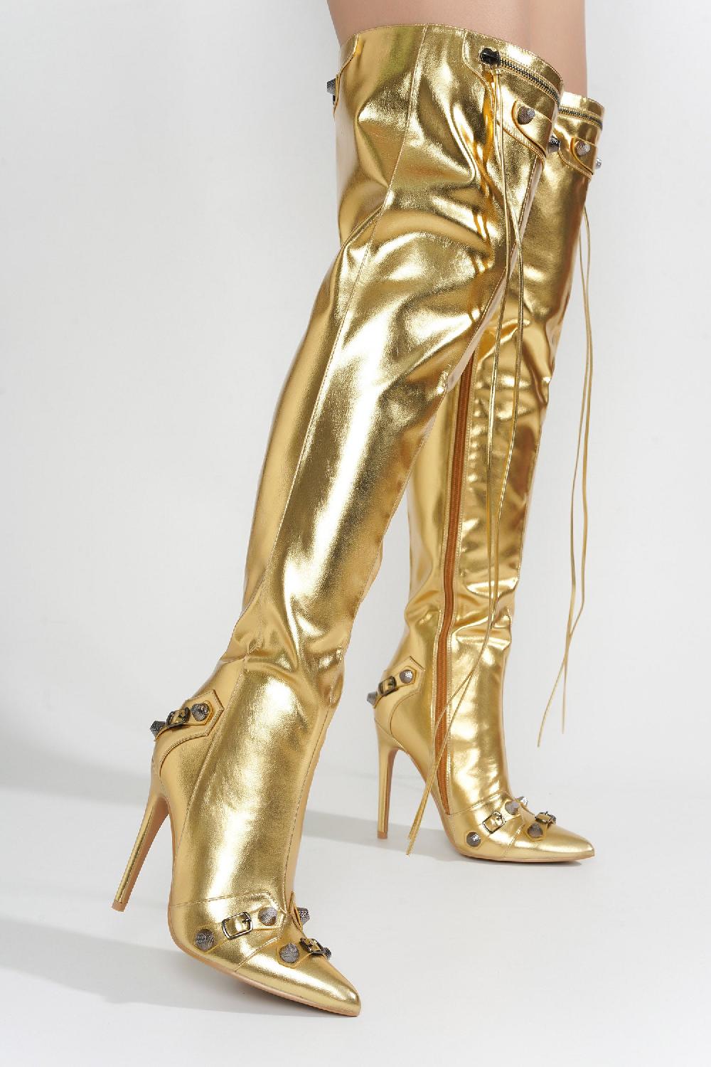 Cape Robbin Pofin-2 Metallic Thigh High Pointy Toe Boots - Gold
