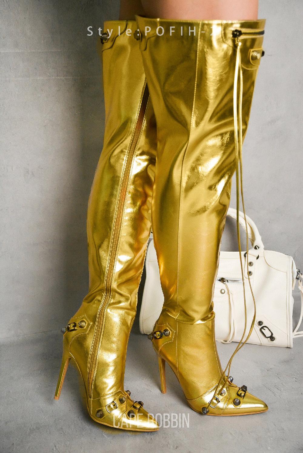 cape robbin Pofin-2 Metallic Thigh High Pointy Toe Boots - Gold
