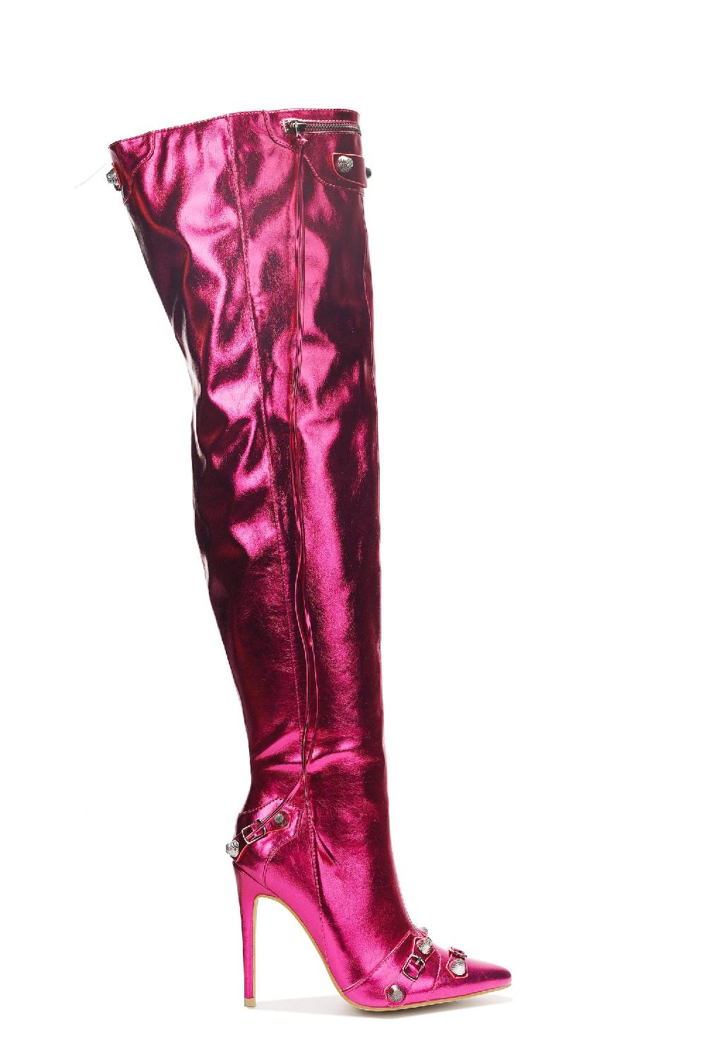 Cape Robbin Pofin-2 Metallic Thigh High Pointy Toe Boots - Pink