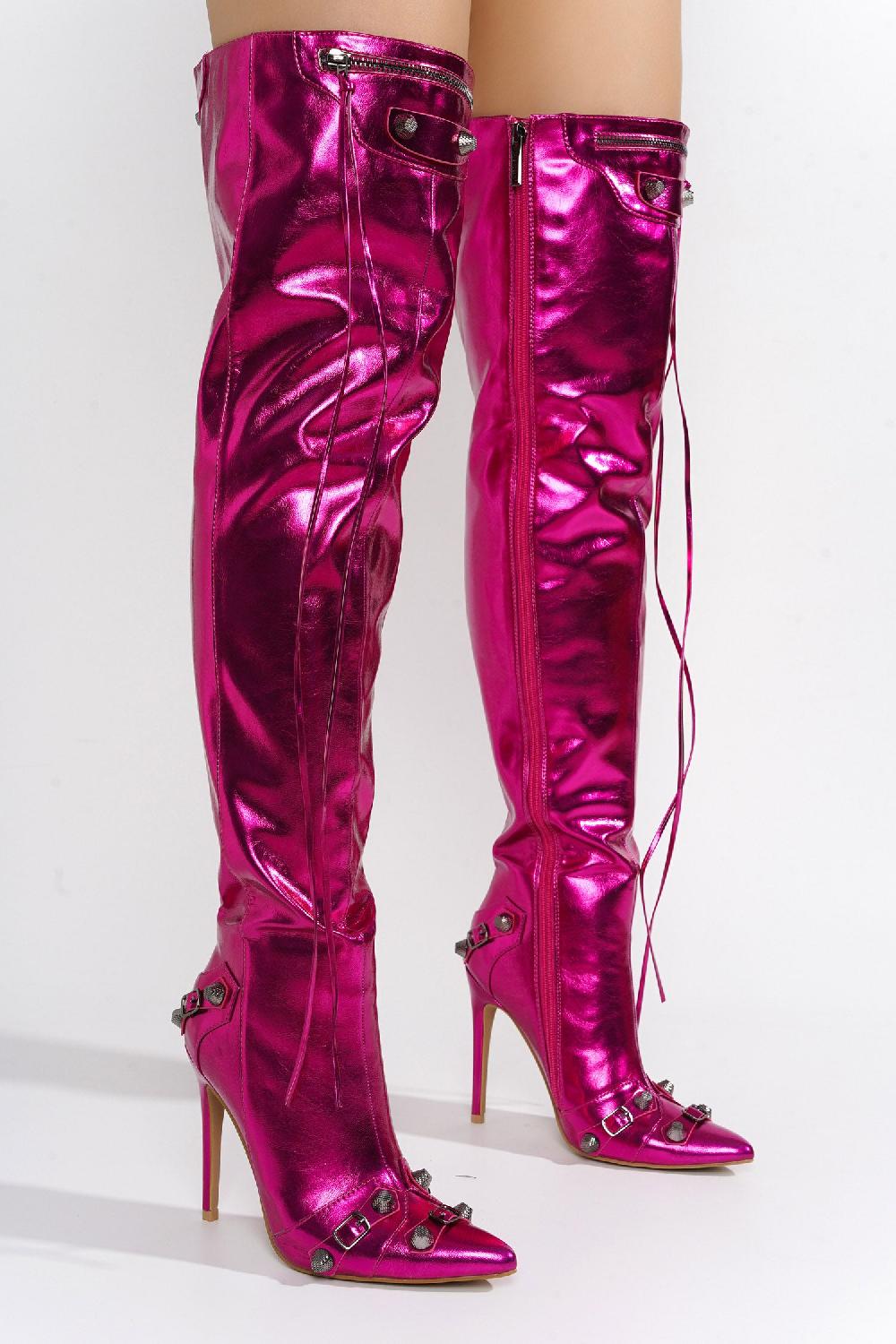 Cape Robbin Pofin-2 Metallic Thigh High Pointy Toe Boots - Pink