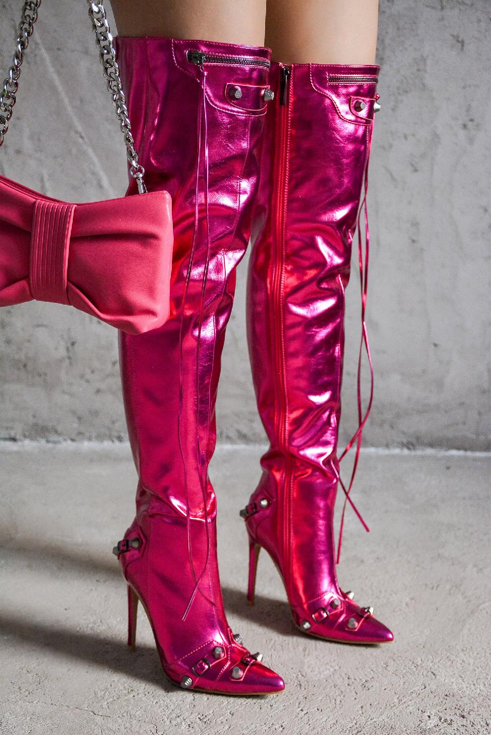 cape robbin Pofin-2 Metallic Thigh High Pointy Toe Boots - Pink