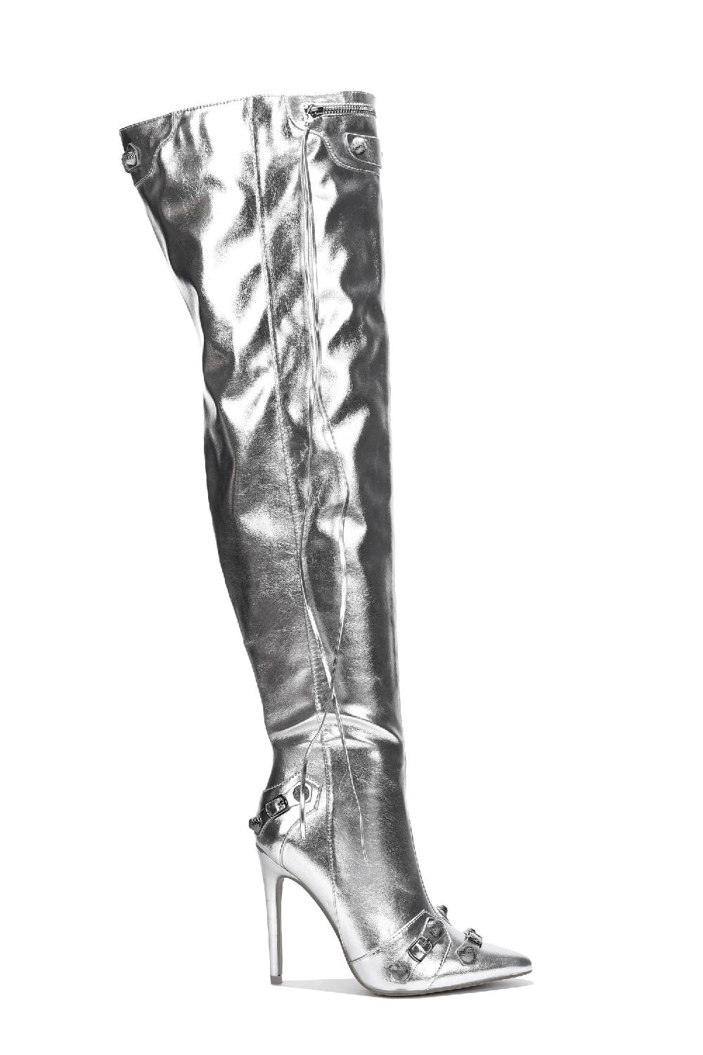 Cape Robbin Pofin-2 Metallic Thigh High Pointy Toe Boots - Silver