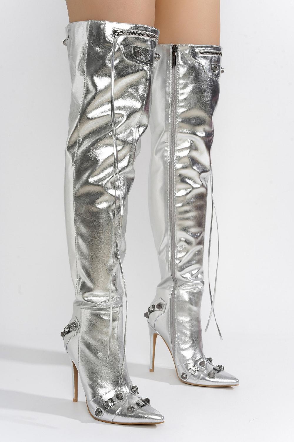 Cape Robbin Pofin-2 Metallic Thigh High Pointy Toe Boots - Silver