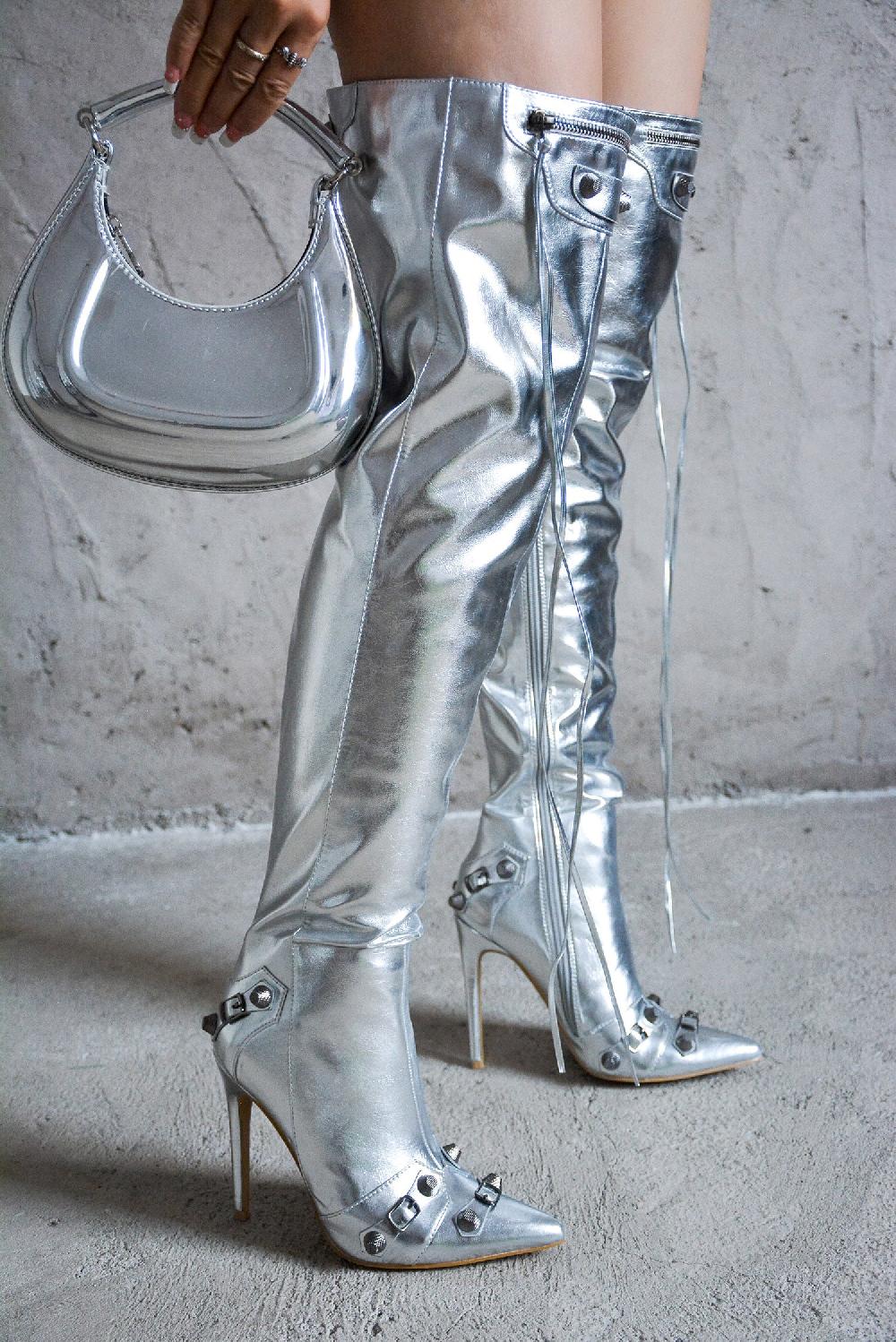 cape robbin Pofin-2 Metallic Thigh High Pointy Toe Boots - Silver