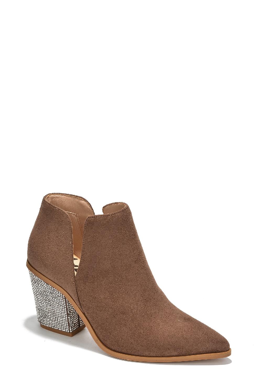 Cape Robbin Prague Rhinestone Heel Suede Ankle Booties - Taupe