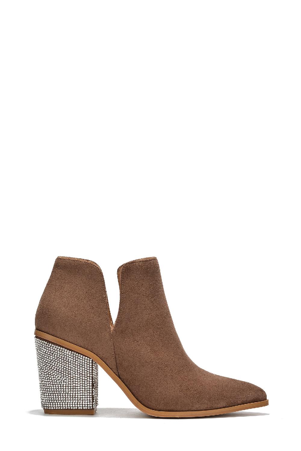 Cape Robbin Prague Rhinestone Heel Suede Ankle Booties - Taupe