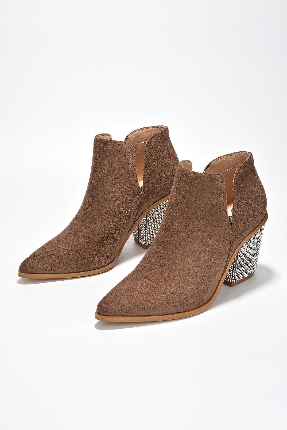 Cape Robbin Prague Rhinestone Heel Suede Ankle Booties - Taupe