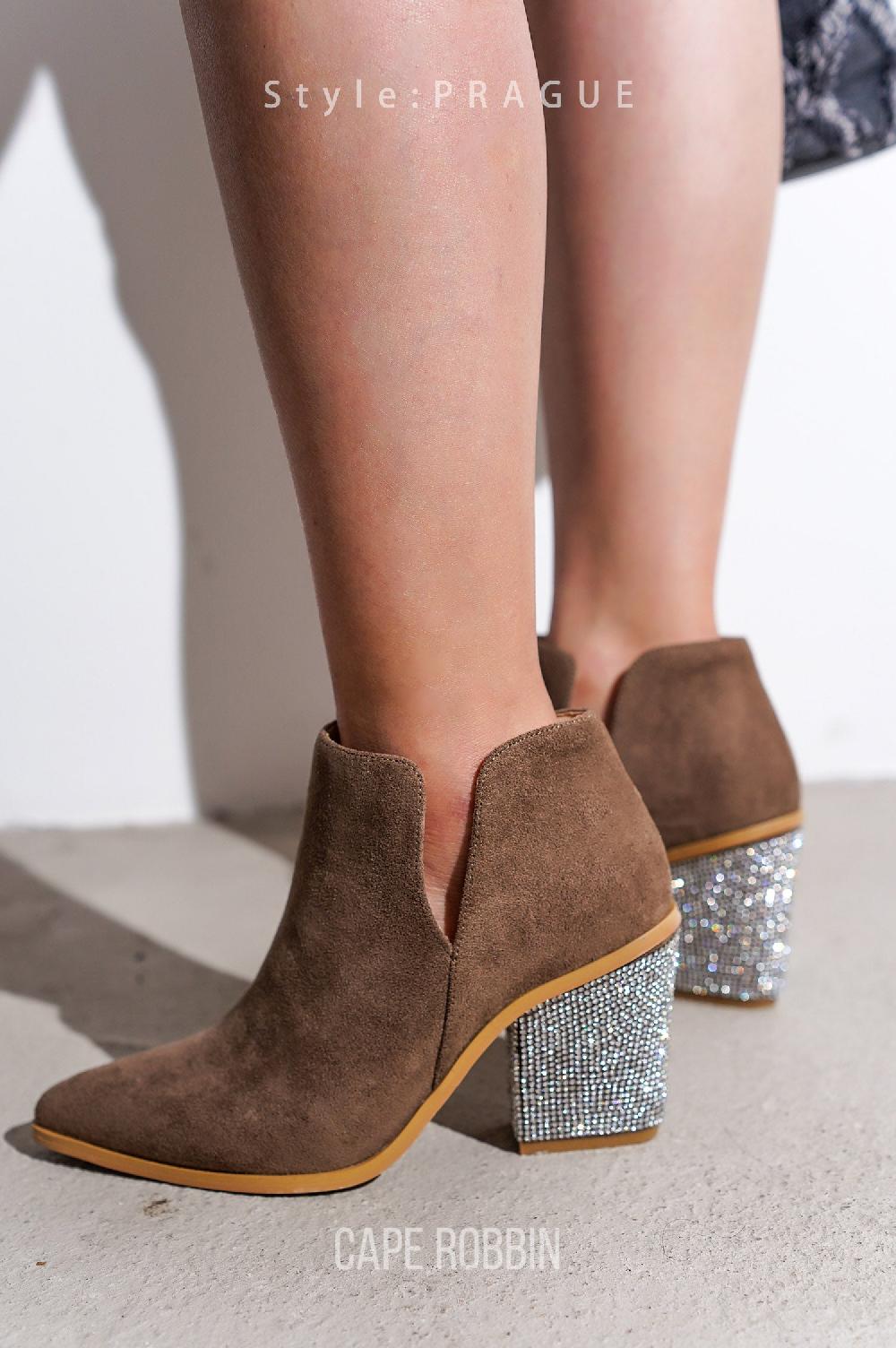 cape robbin Prague Rhinestone Heel Suede Ankle Booties - Taupe