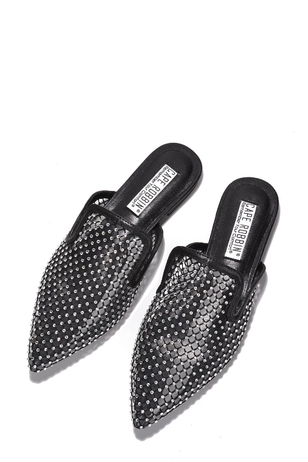 Cape Robbin Princle Rhinestone And Mesh Detail Pointed Toe Flats - Black