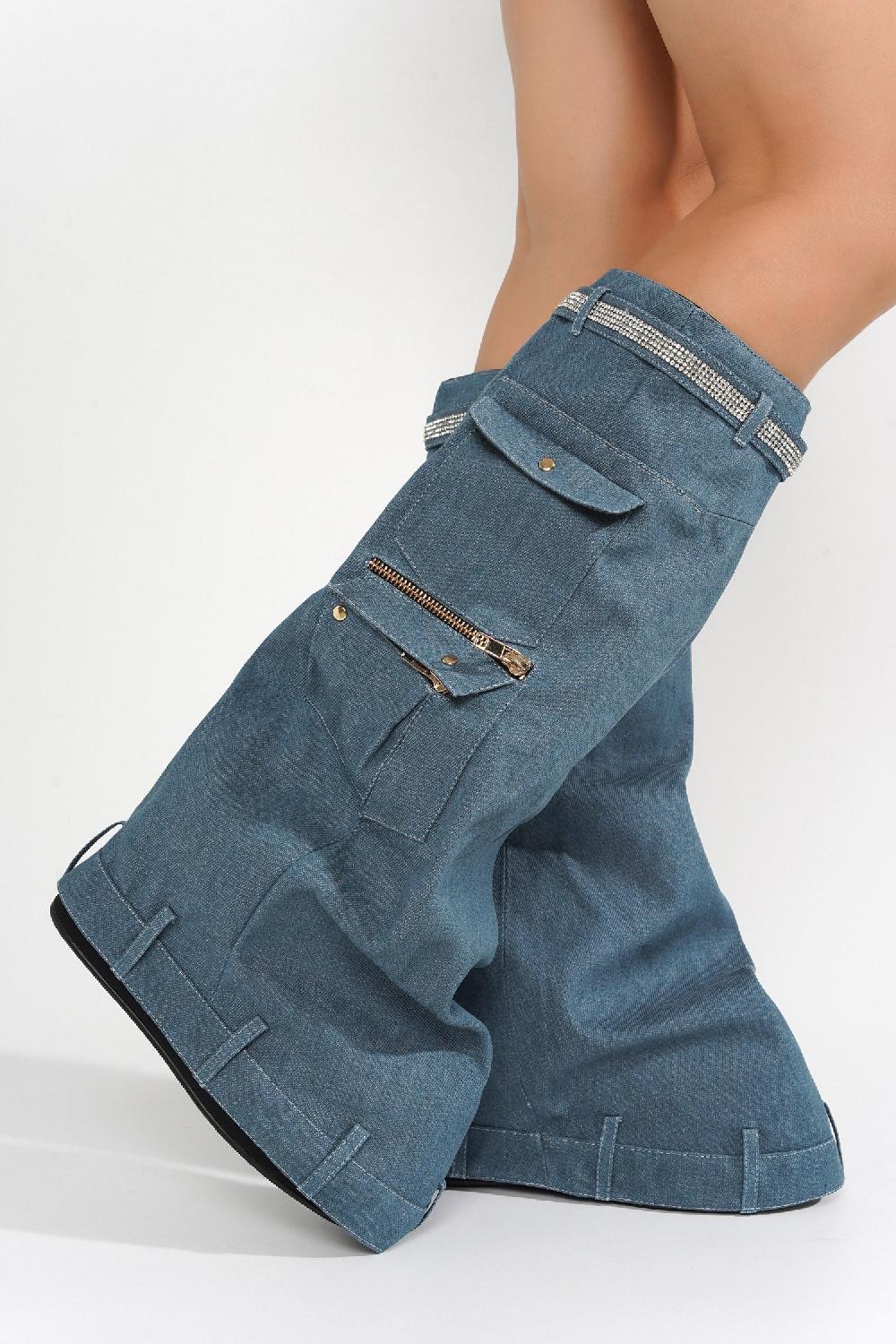 Cape Robbin Pueblo Rhinestone Fold Over Denim Boots