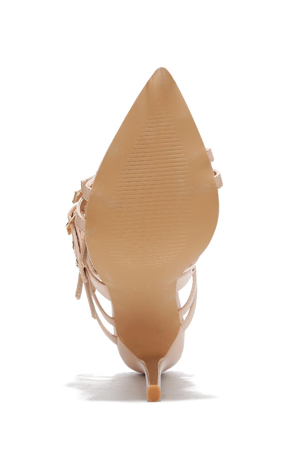 Cape Robbin Rasia Buckles Pointy Toe Skinny High Heels - Beige