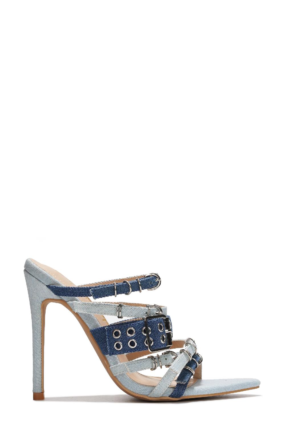 Cape Robbin Rasia Buckles Pointy Toe Skinny High Heels - Denim