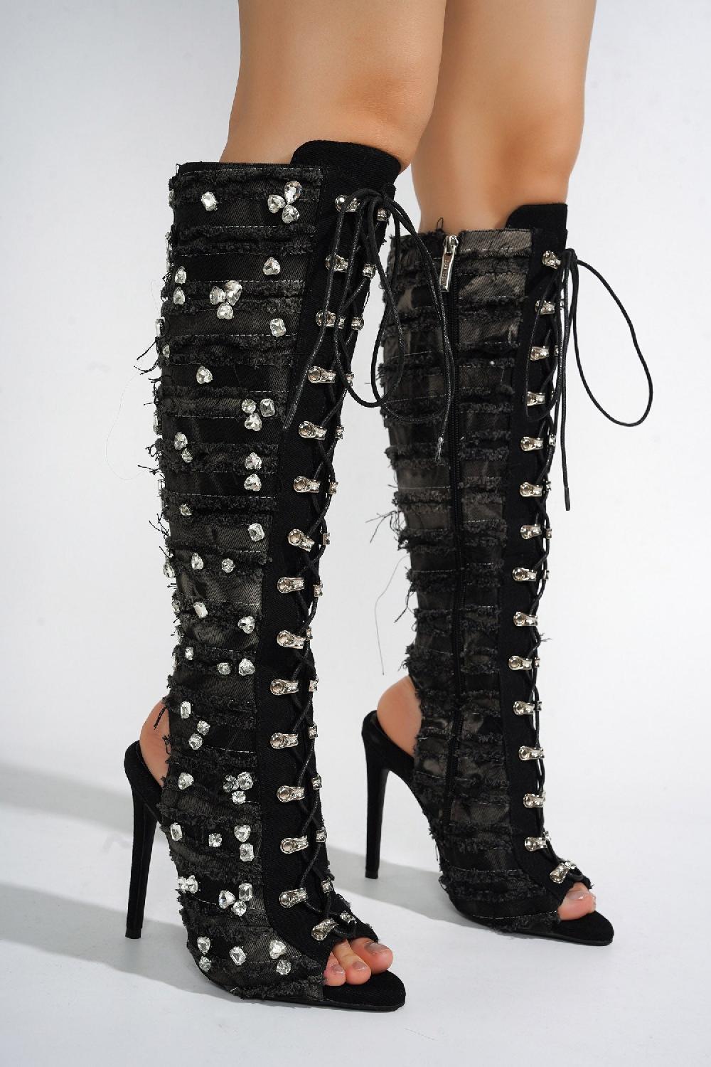 Cape Robbin Renaissancee Peep Toe Knee-High Lace-Up Heels - Black