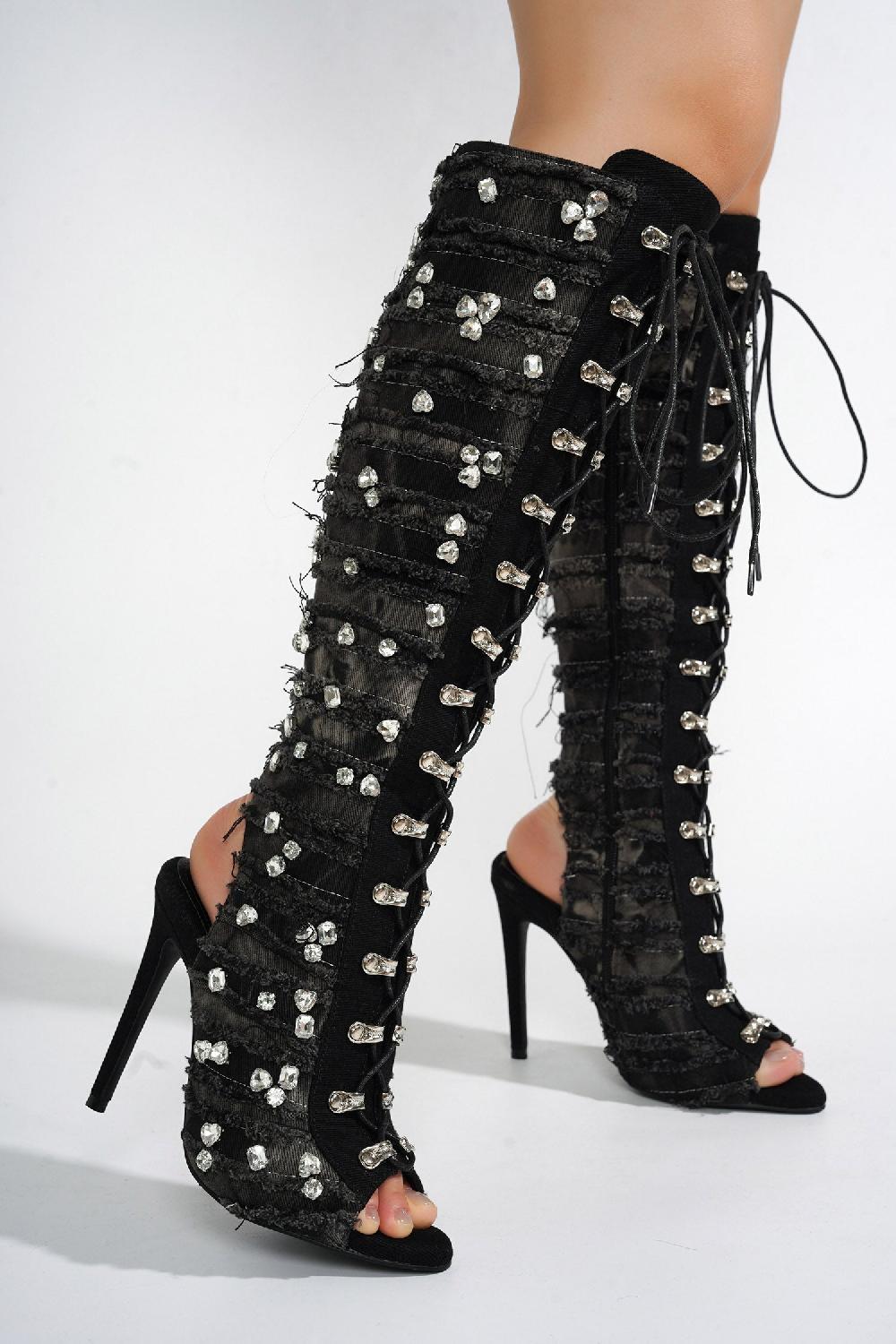 Cape Robbin Renaissancee Peep Toe Knee-High Lace-Up Heels - Black