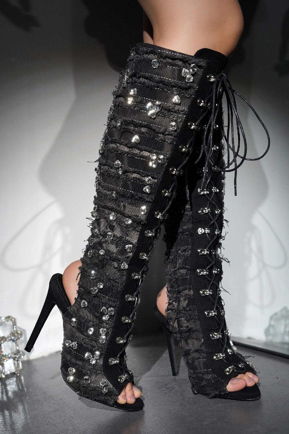 cape robbin Renaissancee Peep Toe Knee-High Lace-Up Heels - Black