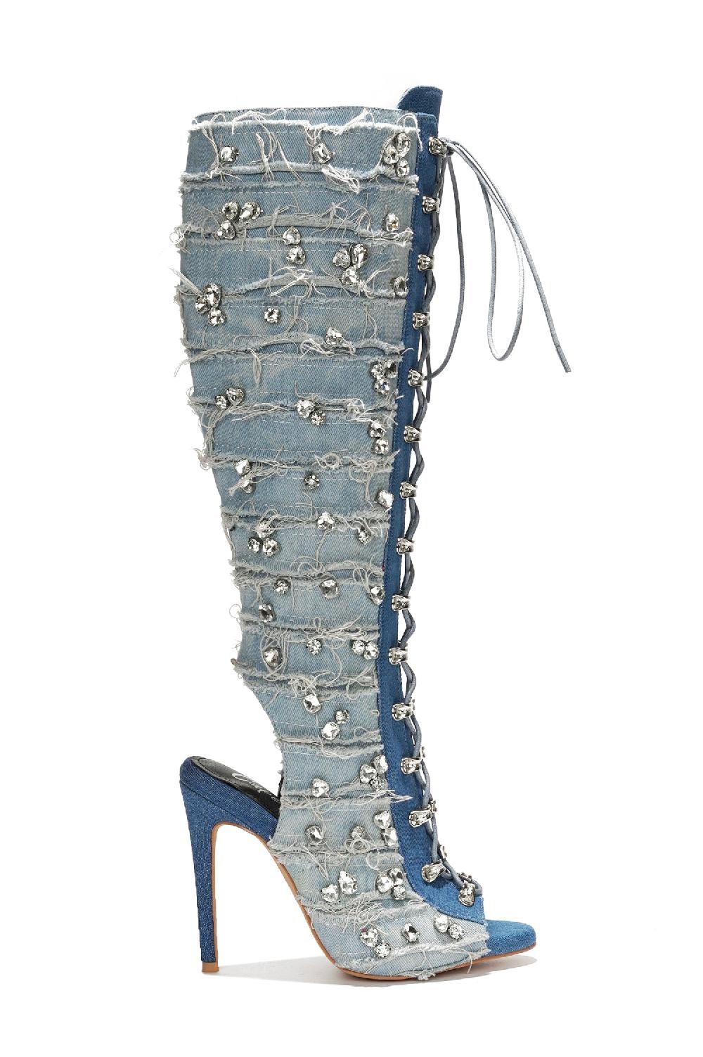 Cape Robbin Renaissancee Peep Toe Knee-High Lace-Up Heels - Denim