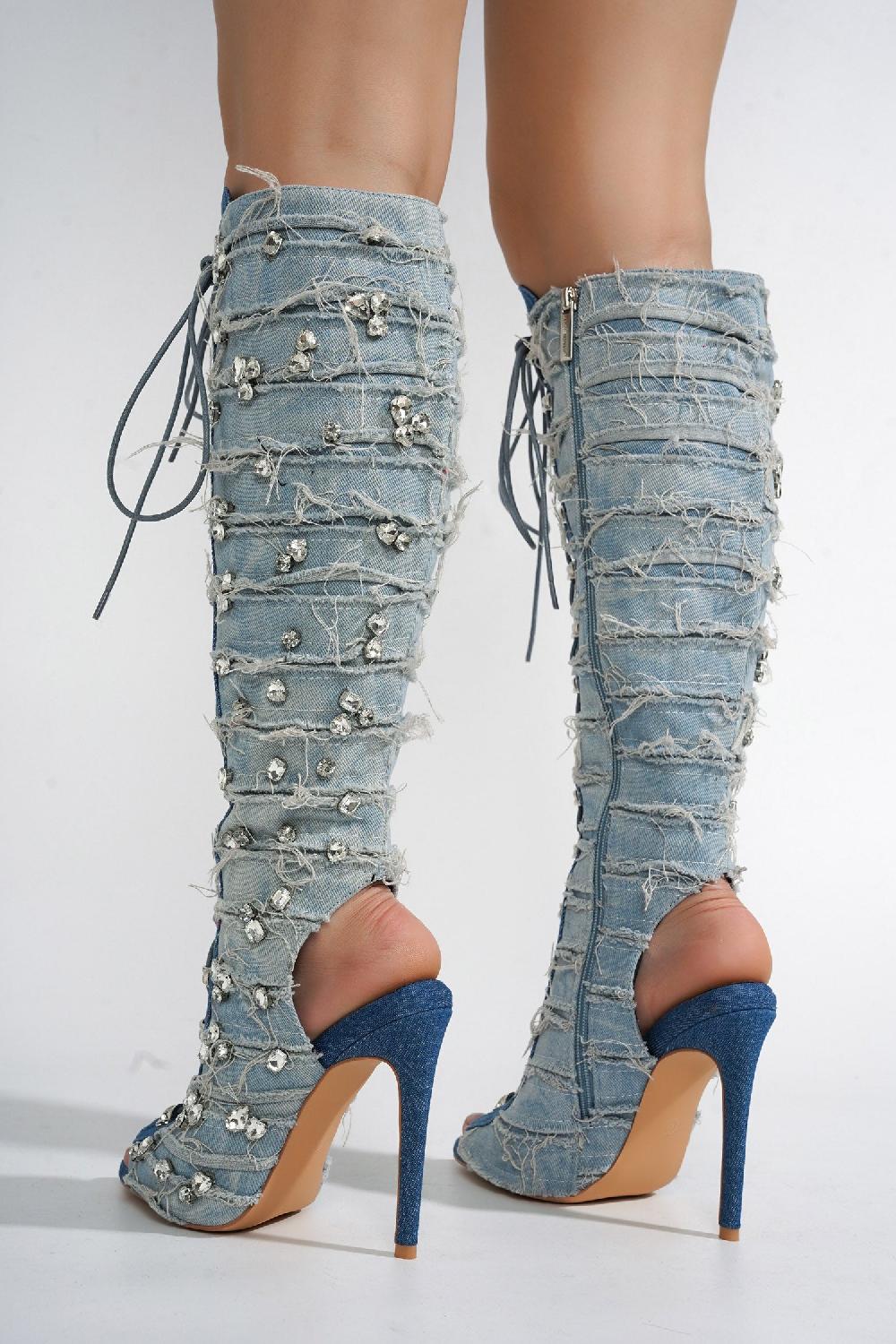 Cape Robbin Renaissancee Peep Toe Knee-High Lace-Up Heels - Denim