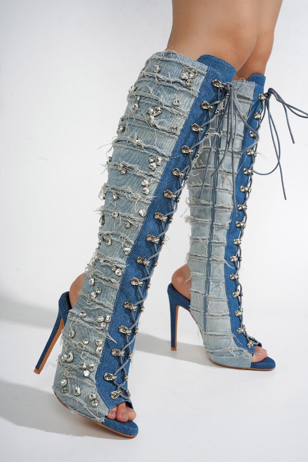 Cape Robbin Renaissancee Peep Toe Knee-High Lace-Up Heels - Denim