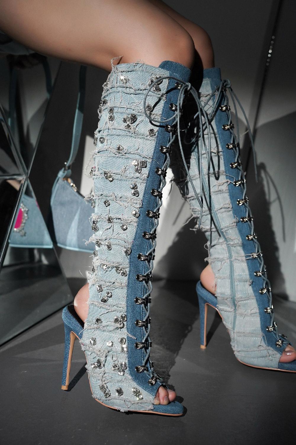 cape robbin Renaissancee Peep Toe Knee-High Lace-Up Heels - Denim