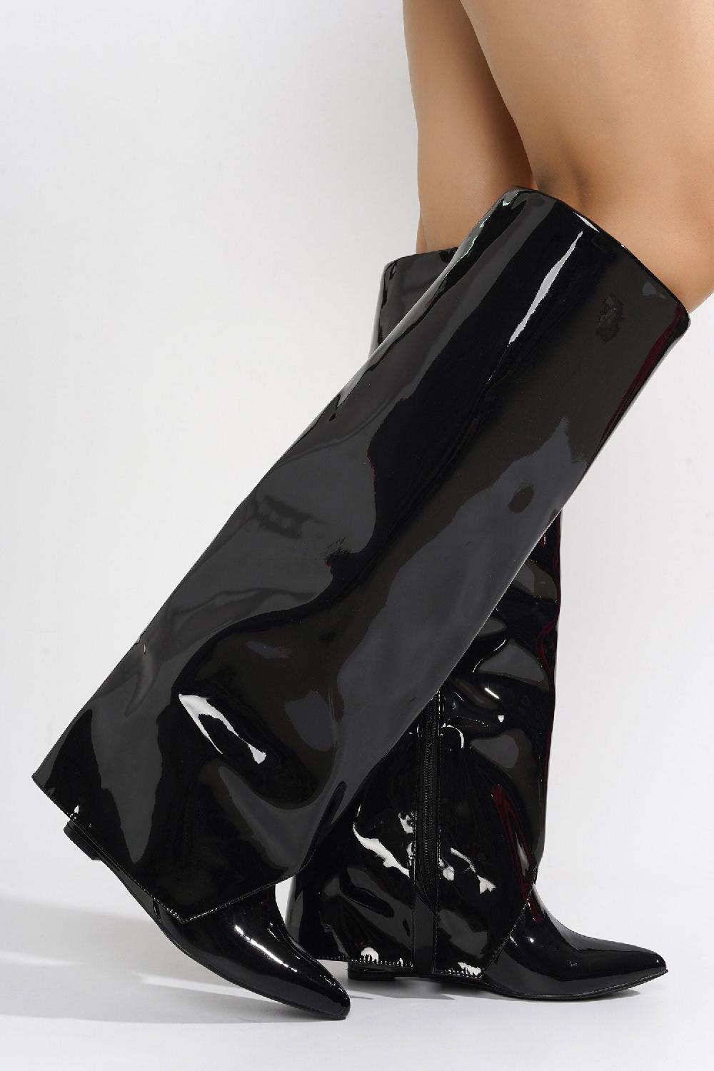 Cape Robbin Resara Pointy Toe Metallic Knee-High Boots - Black