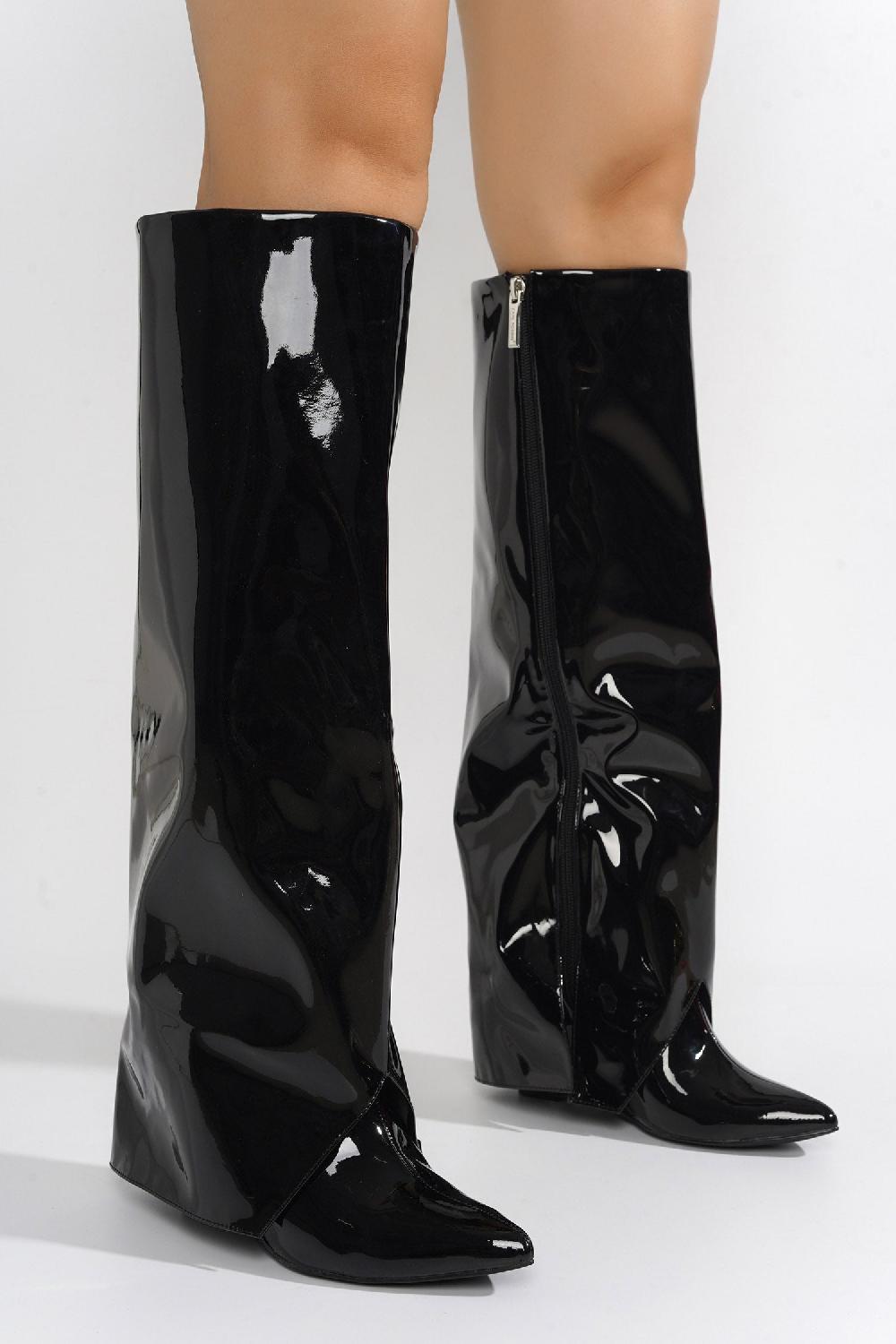 Cape Robbin Resara Pointy Toe Metallic Knee-High Boots - Black
