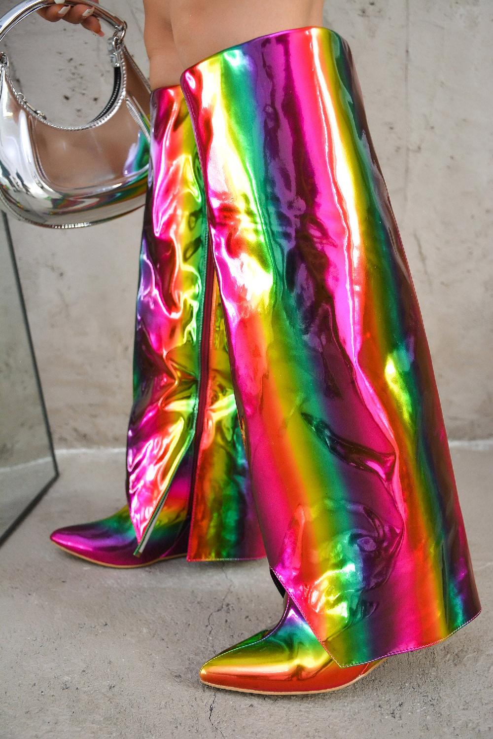 cape robbin Resara Pointy Toe Metallic Knee-High Boots - Multi