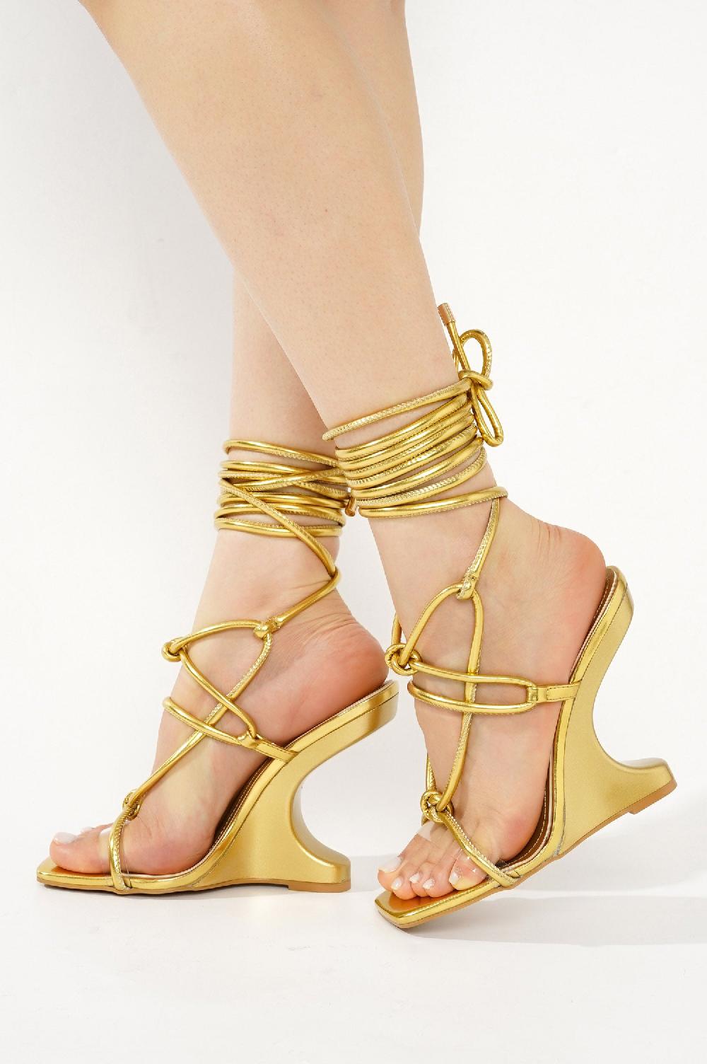 Cape Robbin Rhetta Strappy Sculpted Wedge Heels - Gold