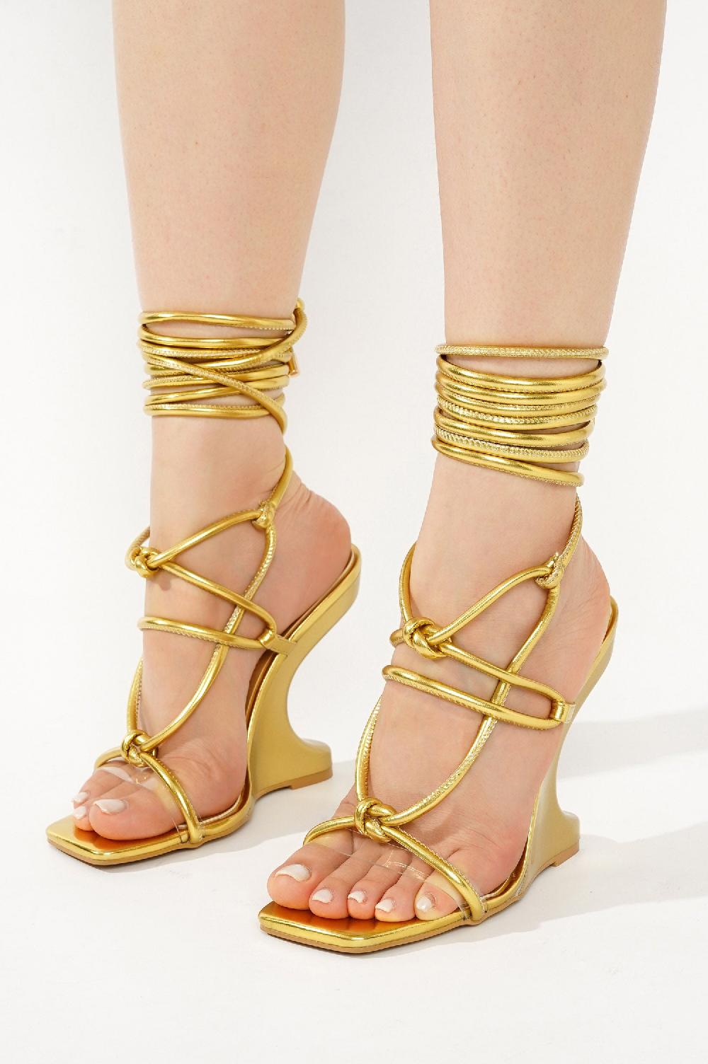 Cape Robbin Rhetta Strappy Sculpted Wedge Heels - Gold