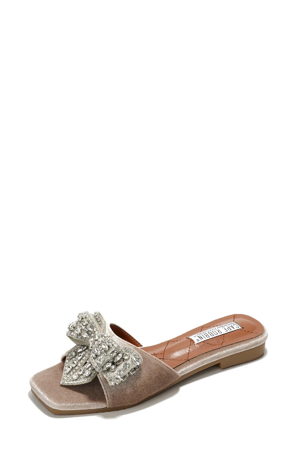 Cape Robbin Ribbona Rhinestone Bow Slide Sandals - Beige