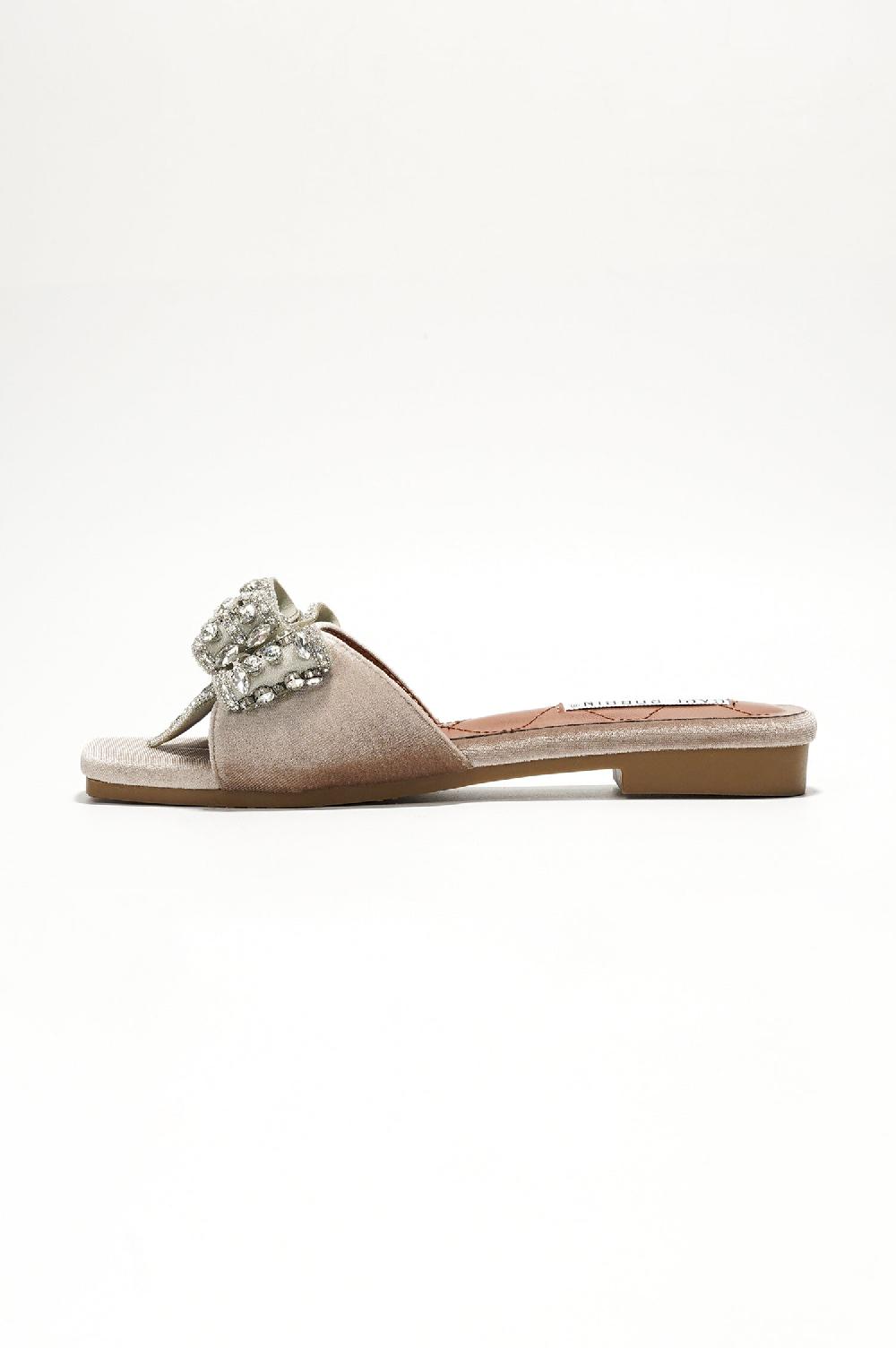 Cape Robbin Ribbona Rhinestone Bow Slide Sandals - Beige