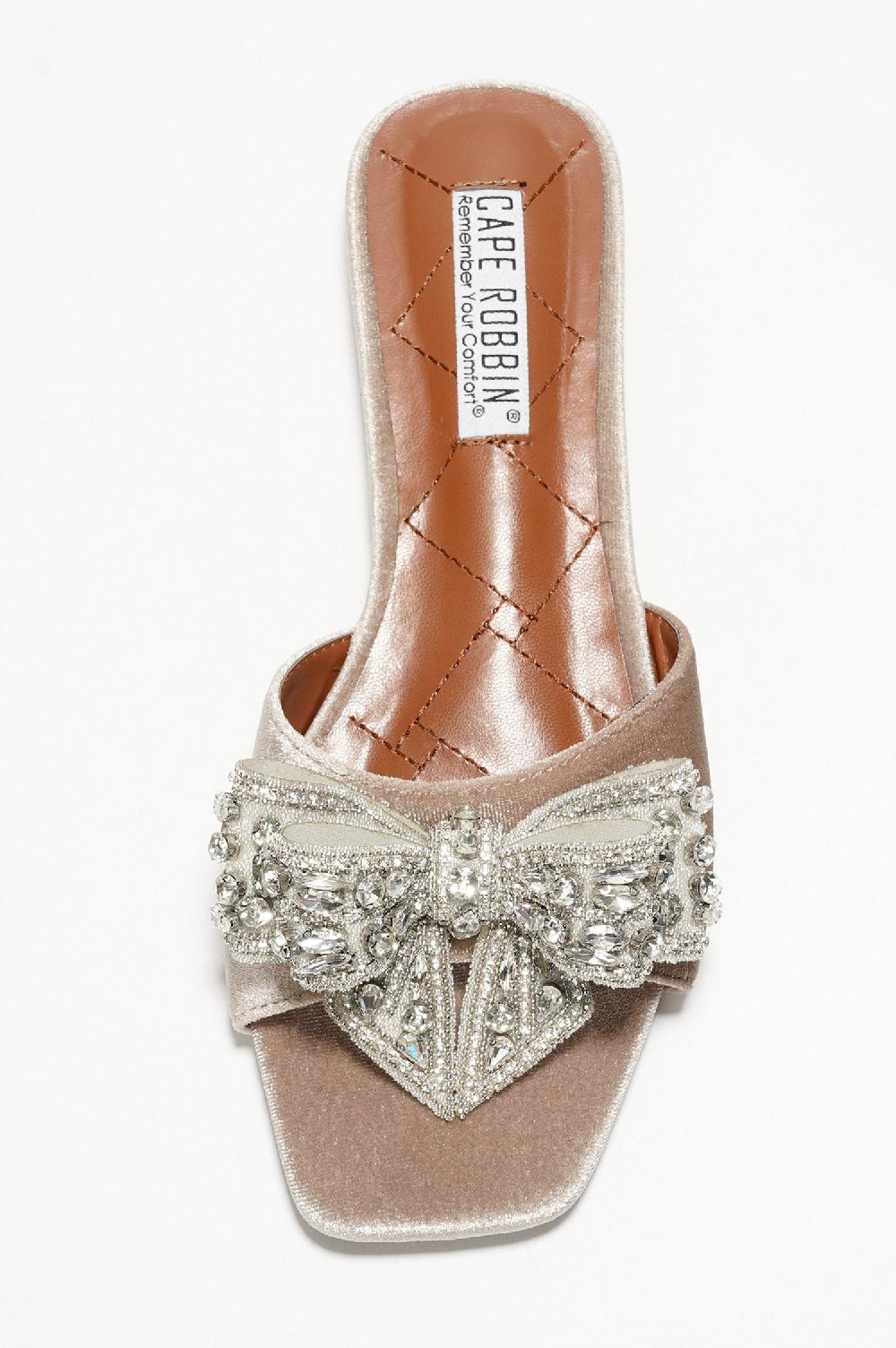 Cape Robbin Ribbona Rhinestone Bow Slide Sandals - Beige