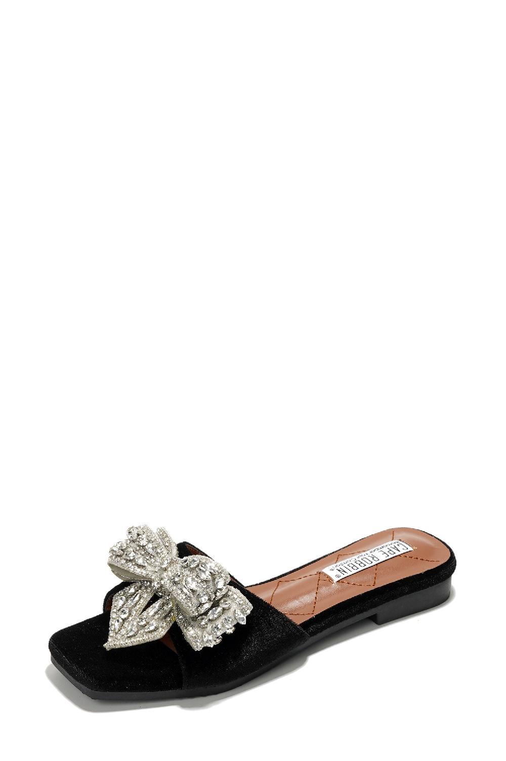 Cape Robbin Ribbona Rhinestone Bow Slide Sandals - Black