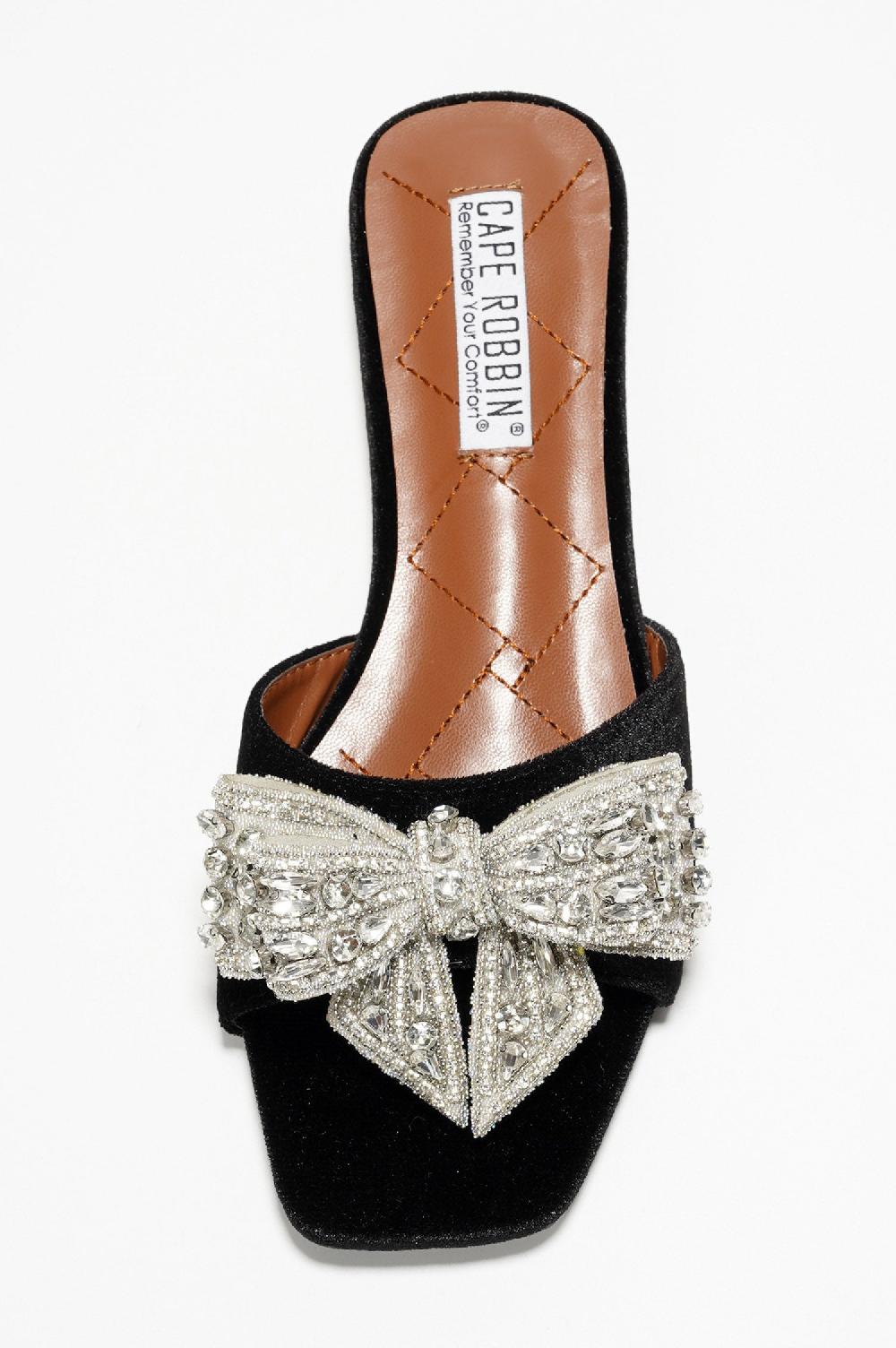 Cape Robbin Ribbona Rhinestone Bow Slide Sandals - Black
