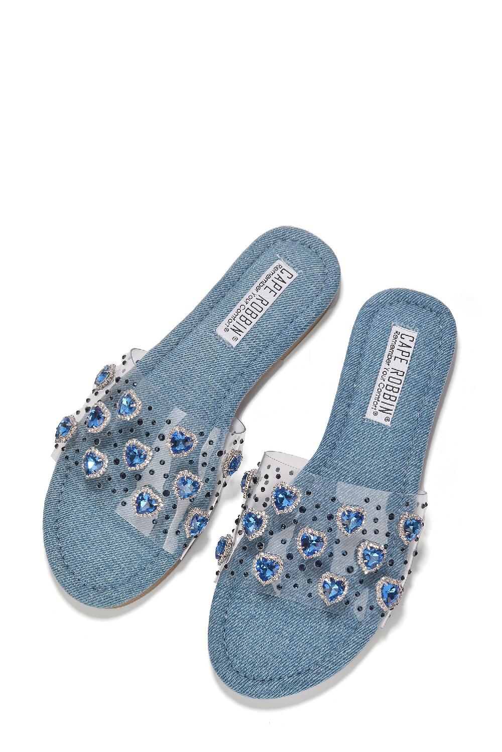 Cape Robbin Roana Open Toe Bedazzled Flat Sandals - Denim