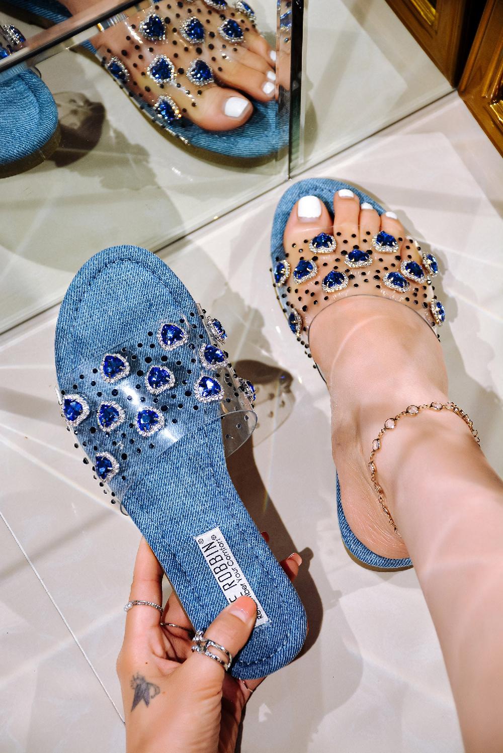 cape robbin Roana Open Toe Bedazzled Flat Sandals - Denim