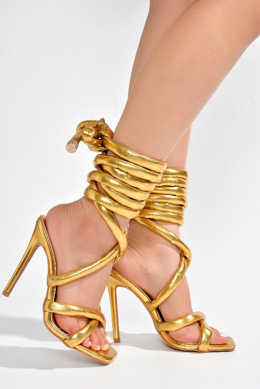 Cape Robbin Roberta Ankle Wrap Skinny High Heels - Gold