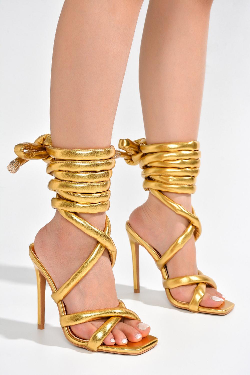 Cape Robbin Roberta Ankle Wrap Skinny High Heels - Gold