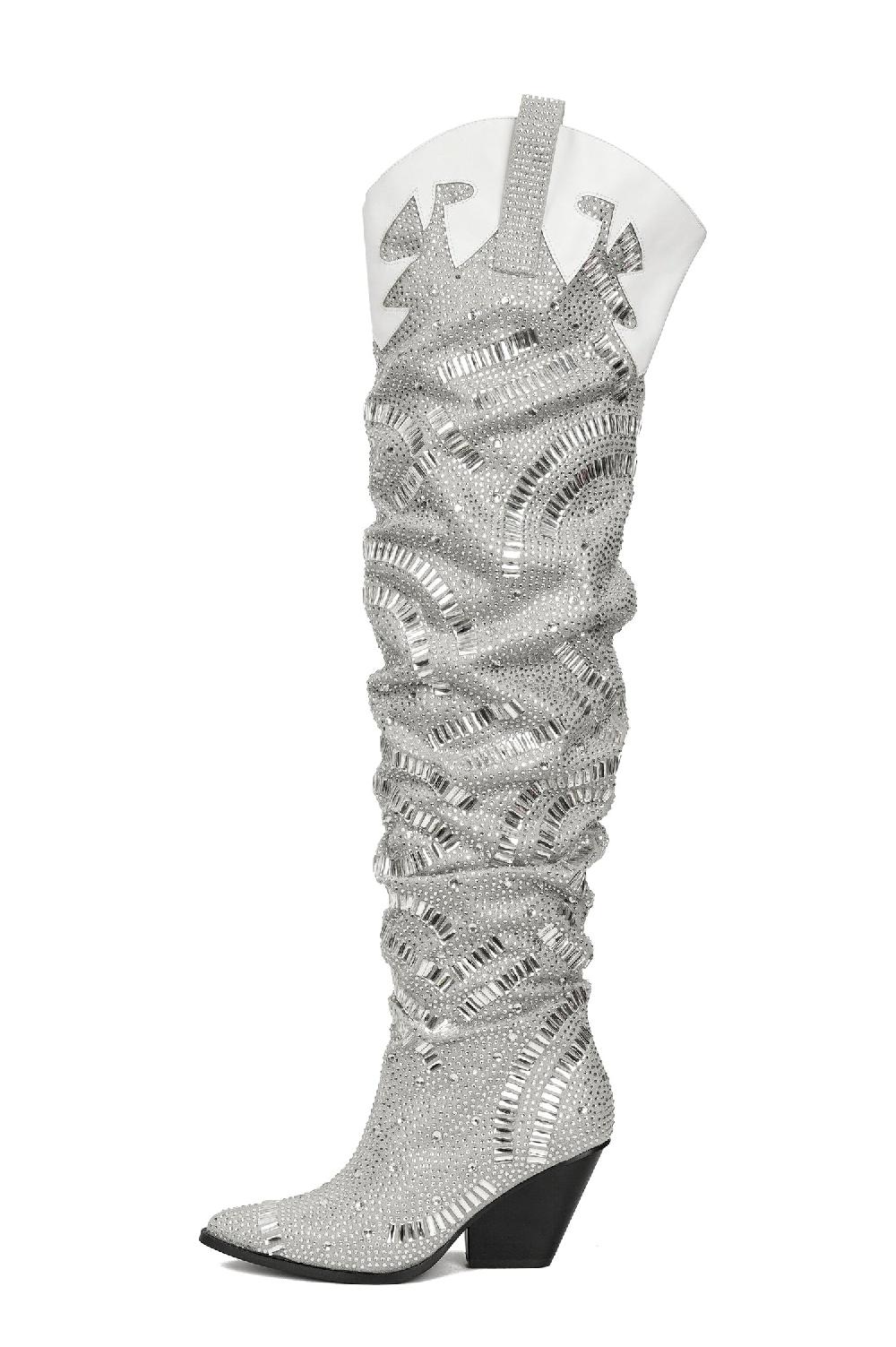 Cape Robbin Rockka Rhineston Pointed Toe Pull On Knee High Cowboy Boots - Silver