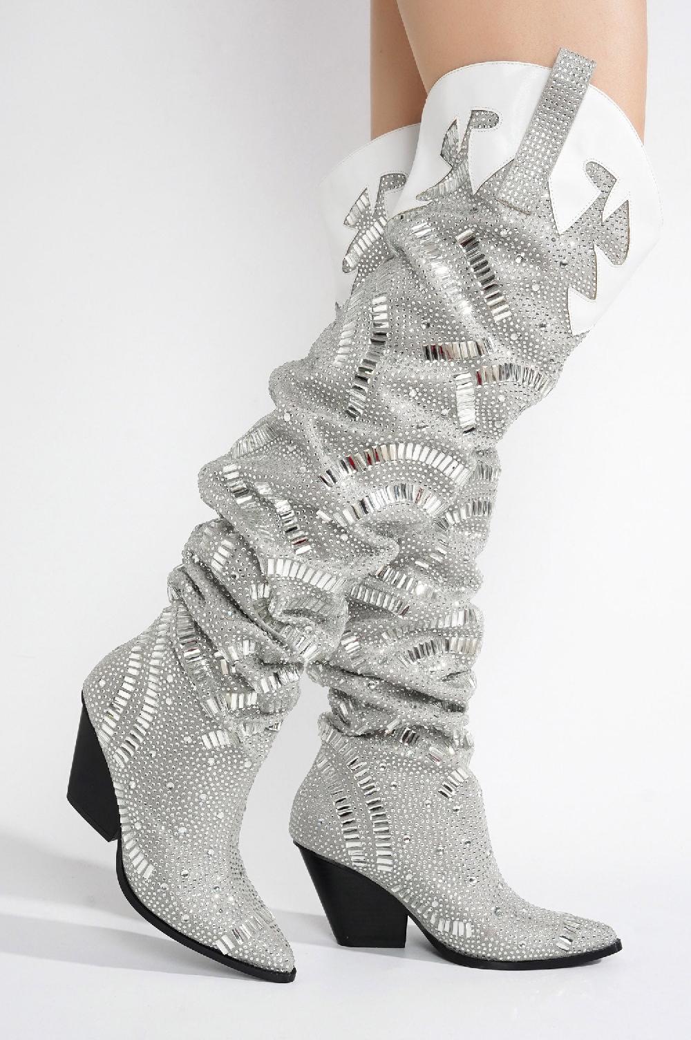 Cape Robbin Rockka Rhineston Pointed Toe Pull On Knee High Cowboy Boots - Silver