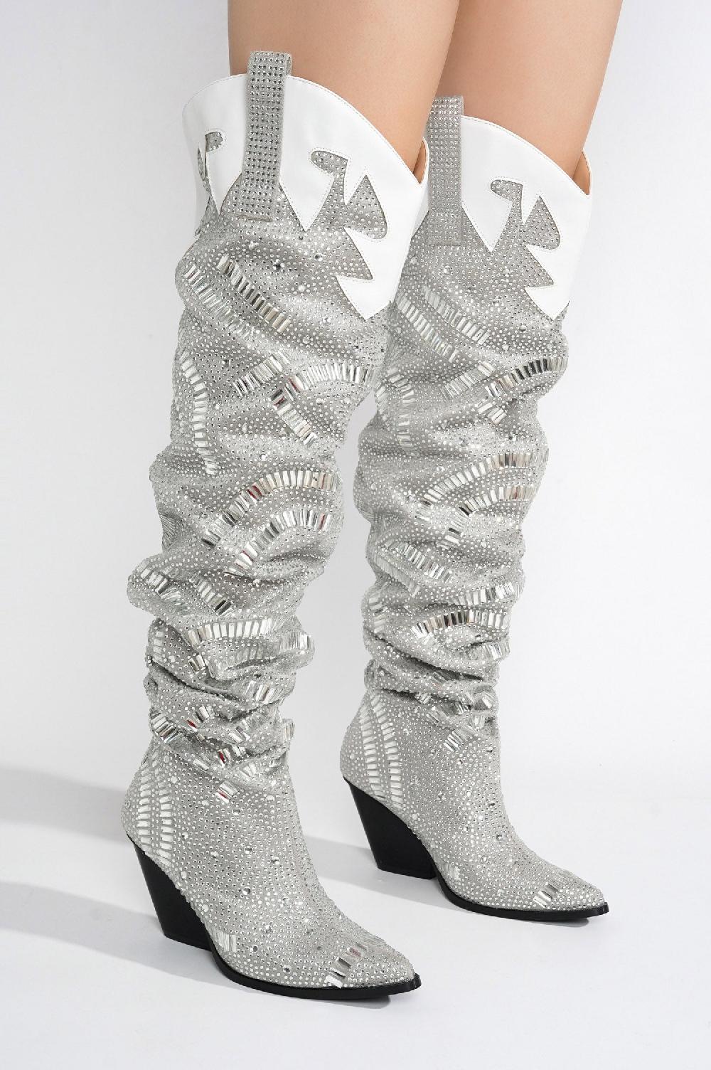 Cape Robbin Rockka Rhineston Pointed Toe Pull On Knee High Cowboy Boots - Silver