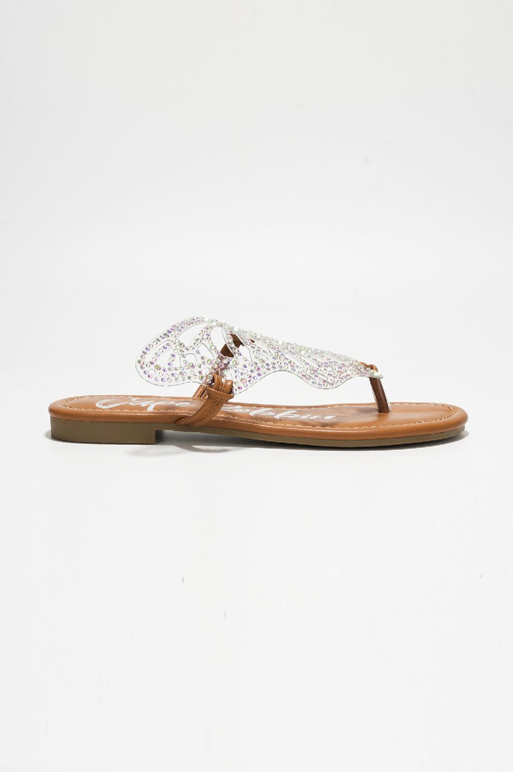Cape Robbin Rossie Rhinestone Butterfly Embellished Thong Sandals - Tan